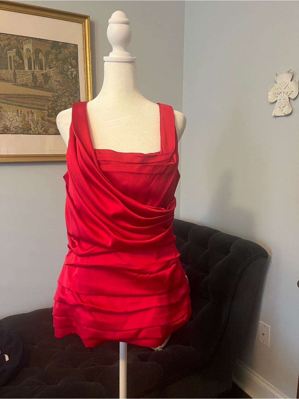 Express Red Draped Satin Sleeveless Blouse
